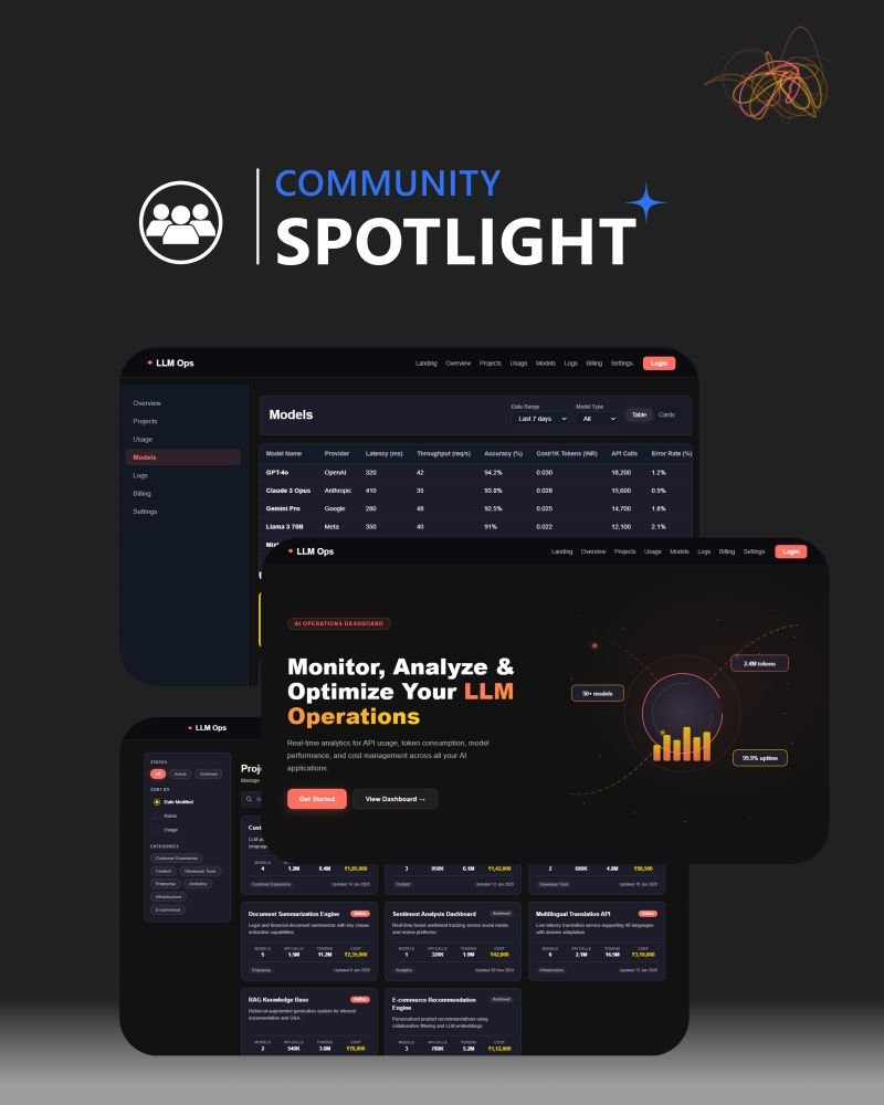 8080AI's tweet photo. Community spotlight 🔦

One of our builders shipped "LLM Ops" a full dashboard to monitor, analyze, and optimize LLM operations. Model comparisons, token usage, latency, cost per 1K tokens, all in one place.

Built end-to-end. No dev team. Just a prompt and a plan. https://t.co/i2CcLoGdd4