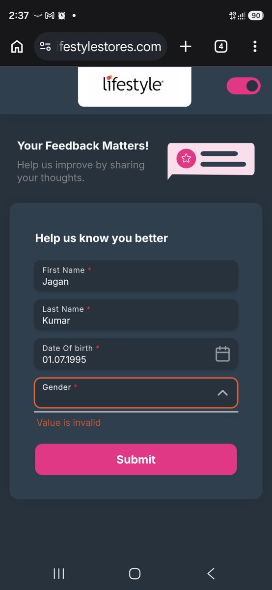 pavkrishnam's tweet photo. @Lifestyle_Store sent a link for feedback. Looks like they have a nice hack to make you not submit the negative feedback by making you not able to enter a mandatory field(gender below) !!. Why ask feedback in the first place if you can't face the reality!?. Shameless people https://t.co/4n6raSL5YM