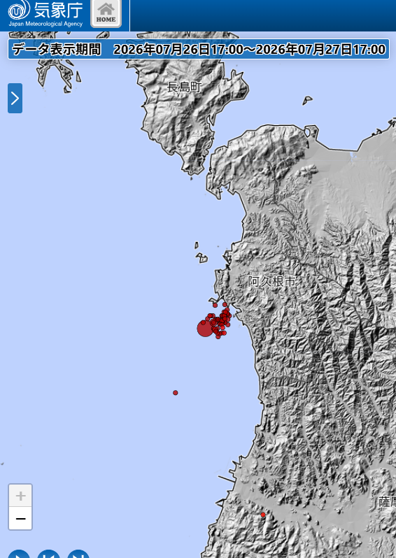 kaorodo's tweet photo. 2026-07-27 02:00
鹿児島県薩摩地方
深さ ごく浅い
M4.2　
震度３　鹿児島県薩摩　鹿児島県阿久根市
2026年07月26日17:00～　24H　震央分布
https://t.co/AJGzZUod0v　より https://t.co/lZe1Gsdo9K