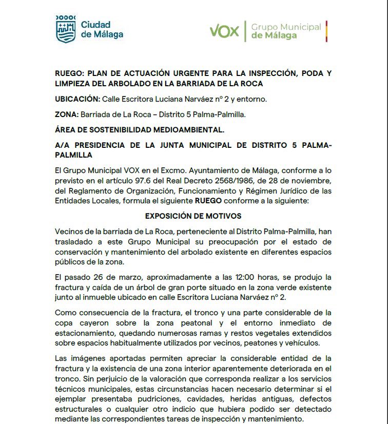 malaga_vox's tweet photo. VOX ha solicitado esta mañana la intervención del Área de Medioambiente y de la Junta de Distrito Palma Palmilla para que aborden con urgencia la situación actual de árboles y jardines en la barriada de La Roca. 

¡Continuamos trabajando para mejorar la calidad de vida de los malagueños!
