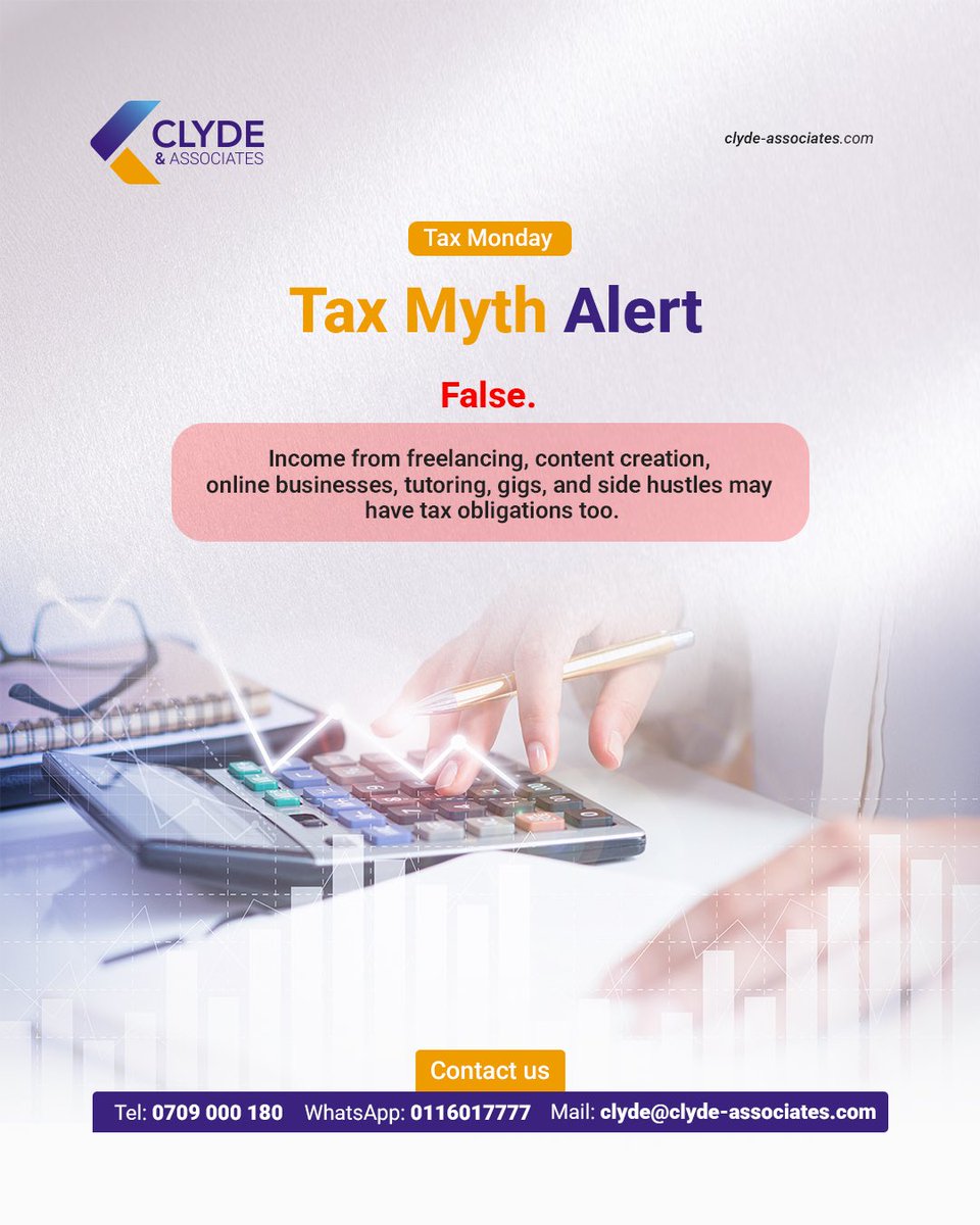 ClydeAssociates's tweet photo. Got a side hustle?

Freelancing, creating content, selling online or running a small business? Understanding your tax obligations is just as important as making the money.

Swipe through for practical tax tips every Gen Z entrepreneur should know. 

#TaxMonday #GenZKE #SideHustleKE #TaxTips #KenyaBusiness #ClydeAndAssociates