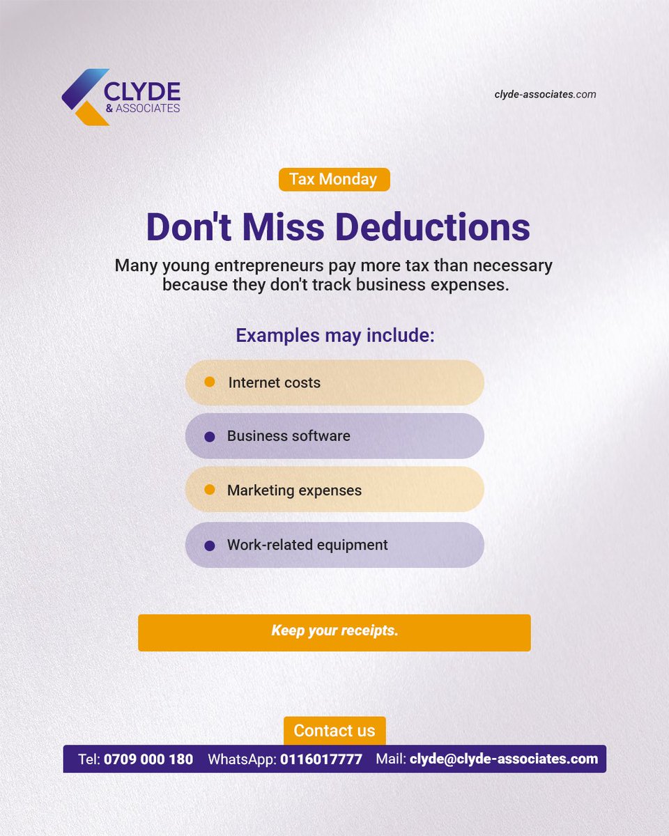 ClydeAssociates's tweet photo. Got a side hustle?

Freelancing, creating content, selling online or running a small business? Understanding your tax obligations is just as important as making the money.

Swipe through for practical tax tips every Gen Z entrepreneur should know. 

#TaxMonday #GenZKE #SideHustleKE #TaxTips #KenyaBusiness #ClydeAndAssociates