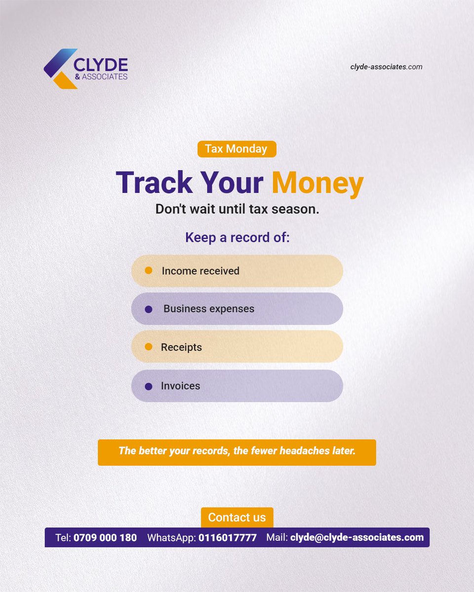 ClydeAssociates's tweet photo. Got a side hustle?

Freelancing, creating content, selling online or running a small business? Understanding your tax obligations is just as important as making the money.

Swipe through for practical tax tips every Gen Z entrepreneur should know. 

#TaxMonday #GenZKE #SideHustleKE #TaxTips #KenyaBusiness #ClydeAndAssociates