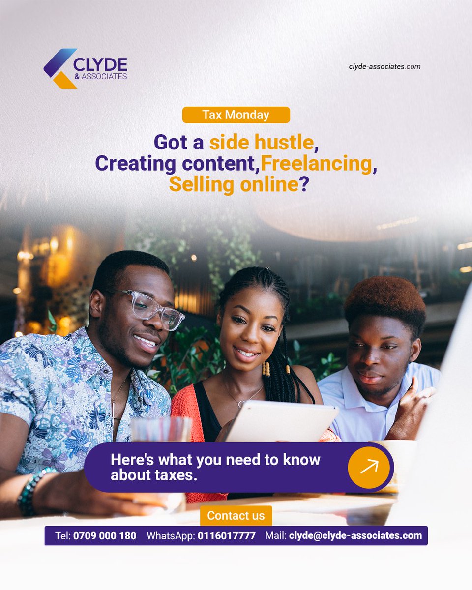 ClydeAssociates's tweet photo. Got a side hustle?

Freelancing, creating content, selling online or running a small business? Understanding your tax obligations is just as important as making the money.

Swipe through for practical tax tips every Gen Z entrepreneur should know. 

#TaxMonday #GenZKE #SideHustleKE #TaxTips #KenyaBusiness #ClydeAndAssociates