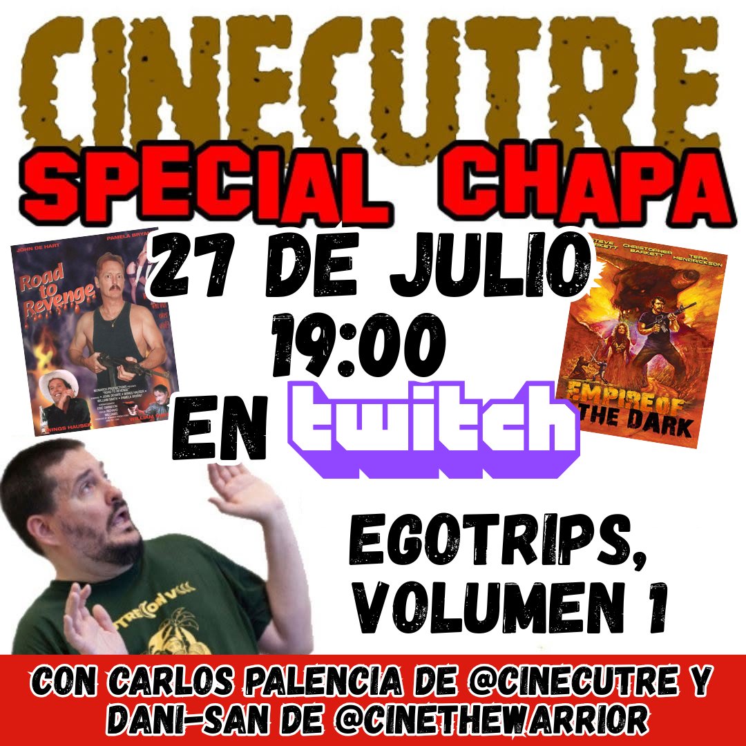 cinecutre's tweet photo. ¡Recordamos que hoy lunes 27 de julio volvemos a Twitch!

A las 19:00 horas (y no a las 18:00, como se anunció inicialmente) @PalenciaCharlie y @cinethewarrior hablarán de "egotrips", con títulos como "Geteven" (1993) o "Empire Of The Dark" (1991).

Aquí: https://t.co/RJ9nNuYFt6 https://t.co/M77cRh6Y4B