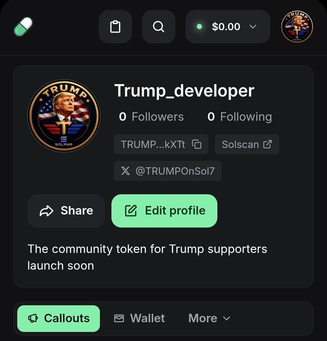 TRUMPOnSol7's tweet photo. 🇺🇸 $TRUMP is coming!

Built for the #Trump community on #Solana

🚀Launching soon.
Our goal is to build a strong community and create opportunities for everyone who joins early

🔒Dev Wallet
TRUMP214Huey47og2Rfh6MeSUx5u927CFqMPmtdkXTt

$Trump #Pump $pump #Pumpfun #sol $SOL #meme https://t.co/YfCjlLR4vr