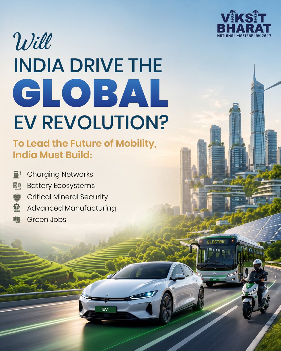 ViksitB_EODB's tweet photo. India's EV journey is moving from adoption to leadership.

With stronger charging networks, battery ecosystems, and clean energy investments, Bharat is emerging as a key force in the future of mobility.

Can India lead the global EV revolution? 👇

#ViksitBharatNMP2047 #EVIndia https://t.co/vHTdmomwME