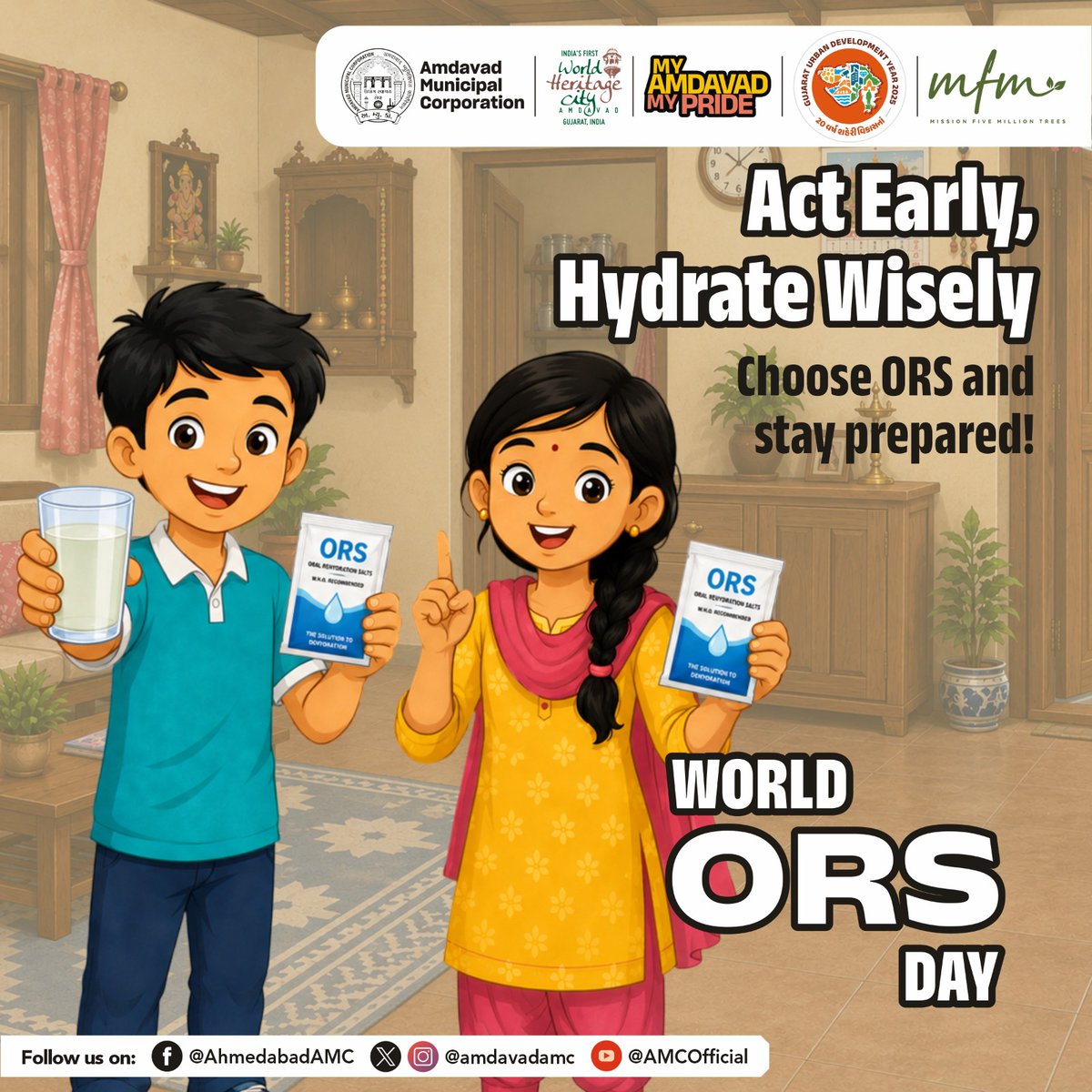 AmdavadAMC's tweet photo. AMC urges every household to keep ORS readily available and consume it at the first sign of diarrhea. Let’s protect every child and family from preventable dehydration, this World ORS Day.
#WorldORSDay #DiarrhoeaPrevention #PublicHealth #HealthAwareness #MyCityMyPride
@PMOIndia @CMOGuj @InfoGujarat @InfoGujarat @GUDMGujaratGov @PIBAhmedabad @MyGovGujarati @DDNewsGujarati @HiteshBarotBJP @banchha1