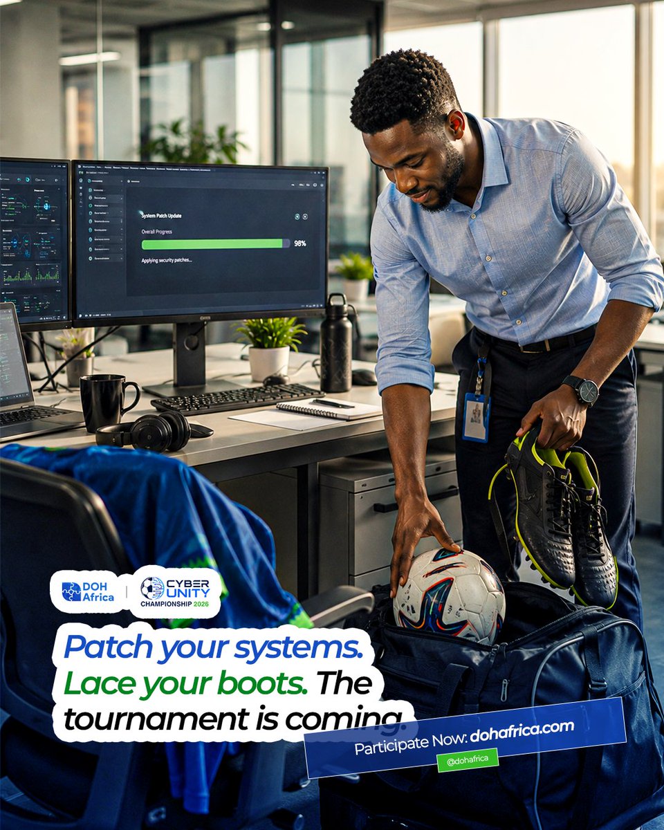DoHAfrica's tweet photo. Your systems are patched. Now all that's left is to lace up.

Get ready to trade alerts for refree whistles, keyboards for football boots and dashboards for the pitch.
The Cyber Unity Championship 2026 is calling. Are you ready?

Register here https://t.co/QjbGSU5LFi https://t.co/JhBQzii7VP