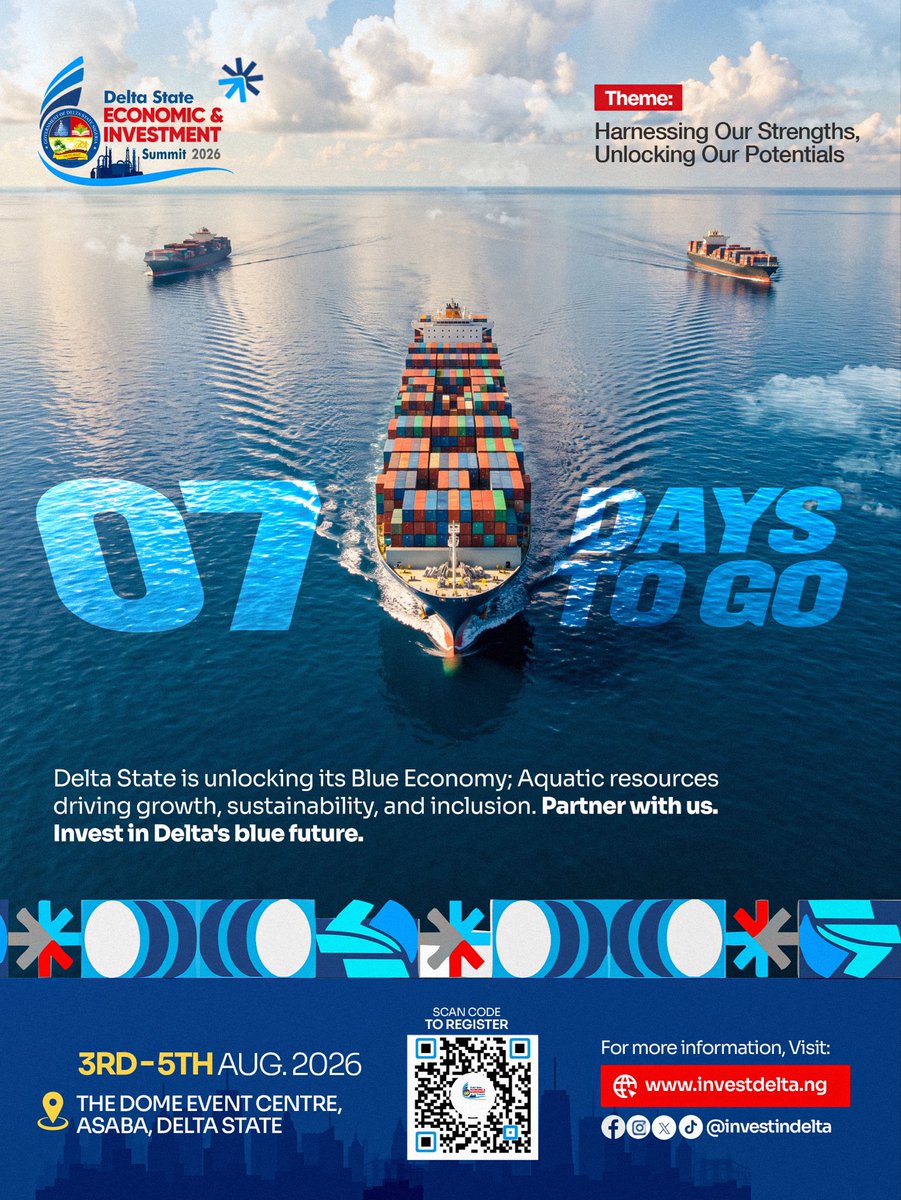 investindelta's tweet photo. The future of investment in Delta State is almost here. 
Be part of the conversations, partnerships and opportunities shaping a stronger, more prosperous Delta. 

📆 3-5 August, 2026
📍 Dome Event Centre, Asaba

#deltainvestmentsummit2026 #investindelta #dis26 https://t.co/UnZQ3MXexP