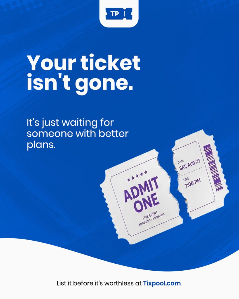 Tixpool's tweet photo. A ticket sitting in your inbox isn’t a loss yet, it’s a loss the moment the event starts without it being listed. List it on Tixpool now.
Click the link in our bio to begin today.
#tixpool #resellticket #sellunusedtickets https://t.co/iAjfLKfh2G
