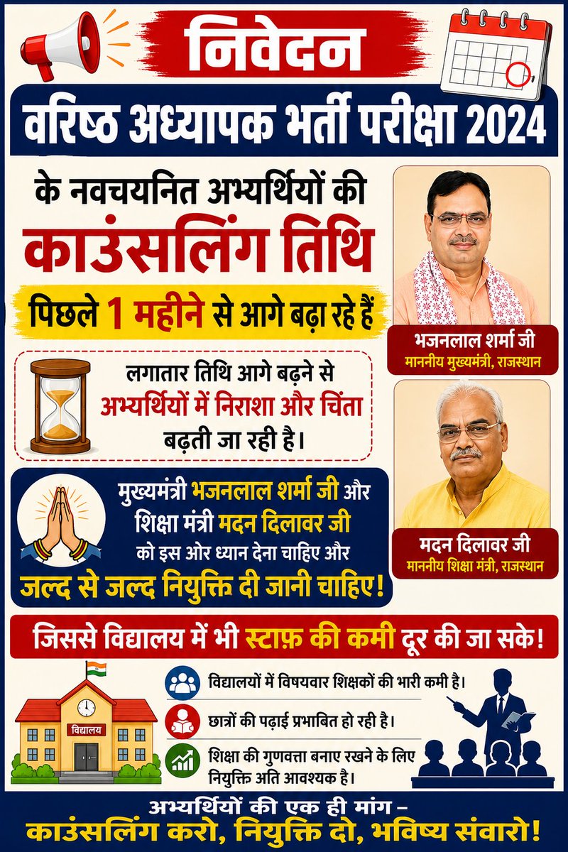 ShivRajJat_'s tweet photo. वरिष्ठ अध्यापक भर्ती परीक्षा 2024 के नवचयनित अभ्यर्थियों की काउंसलिंग तिथि पिछले एक महीने से लगातार आगे बढ़ाई जा रही है। इससे अभ्यर्थियों में भारी निराशा और ��समंजस की स्थिति बनी हुई है।

माननीय मुख्यमंत्री श्री भजनलाल शर्मा जी एवं माननीय शिक्षा मंत्री श्री मदन दिलावर जी से विनम्र आग्रह है कि इस विषय पर शीघ्र संज्ञान लेते हुए काउंसलिंग प्रक्रिया पूर्ण कर जल्द से जल्द नियुक्ति प्रदान करें।

इससे एक ओर नवचयनित अभ्यर्थियों को समय पर रोजगार मिलेगा, वहीं दूसरी ओर प्रदेश के राजकीय विद्यालयों में शिक्षकों की कमी भी दूर होगी और विद्यार्थियों की पढ़��ई सुचारु रूप से संचालित हो सकेगी।

#SeniorTeacher2024 #JoiningNow #EducationRajasthan #RPSC