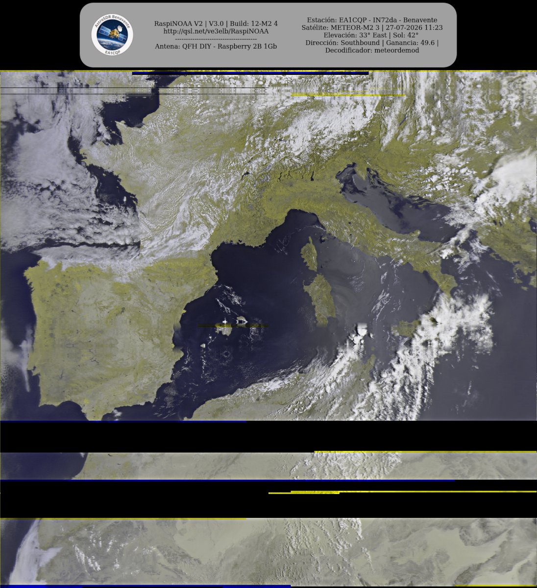 monforra's tweet photo. Ground Station: EA1CQP - IN72da - Benavente METEOR-M2 3 27-07-2026 11:08 CEST Max Elev: 33° E Sun Elevation: 42° Gain: 49.6 | Southbound
#NOAA #MeteorM2_3 #MeteorM2_4 #weather #weathersats #APT #LRPT #wxtoimg #MeteorDemod #rtlsdr #gpredict #raspberrypi https://t.co/DynHX6rh0c
