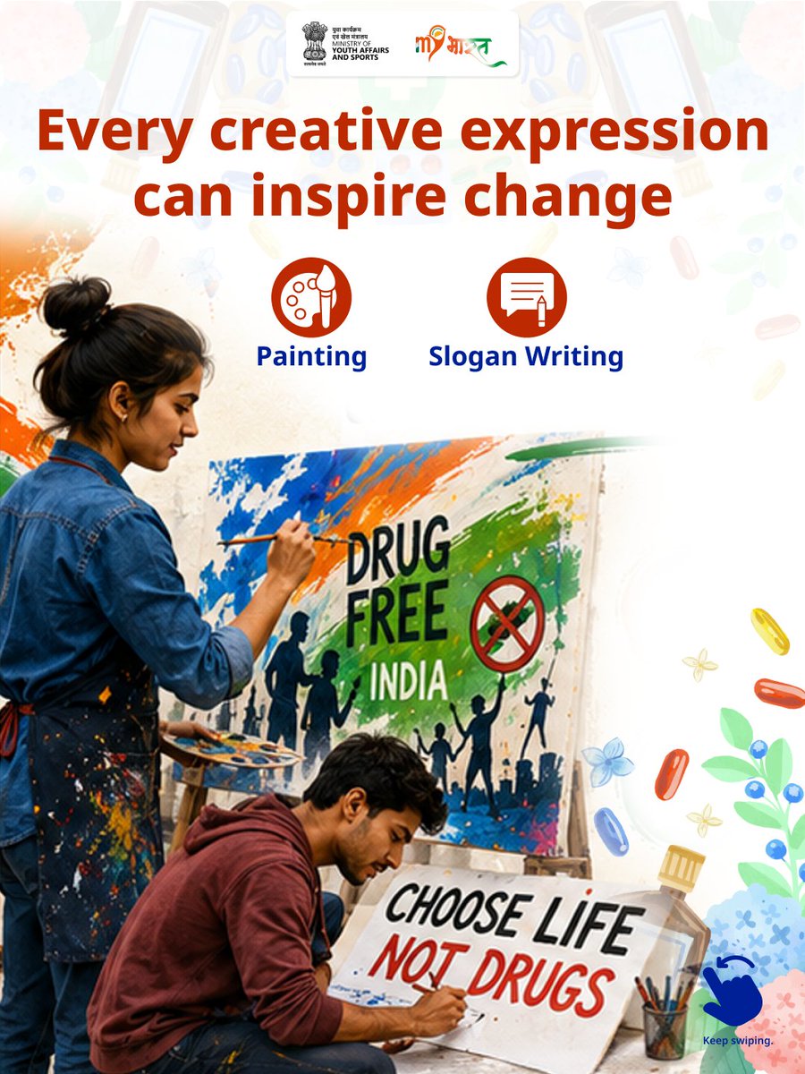 MYBharatHQ's tweet photo. Your talent has the power to inspire change. Participate in the #NashaMuktYuvaForViksitBharat competitions, showcase your creativity, take the Nasha Mukt Pledge, and become a part of India's journey towards a drug-free future.

🔗 Participate Now: https://t.co/xhRWiFfKx3 https://t.co/lPVgZ7hBr1
