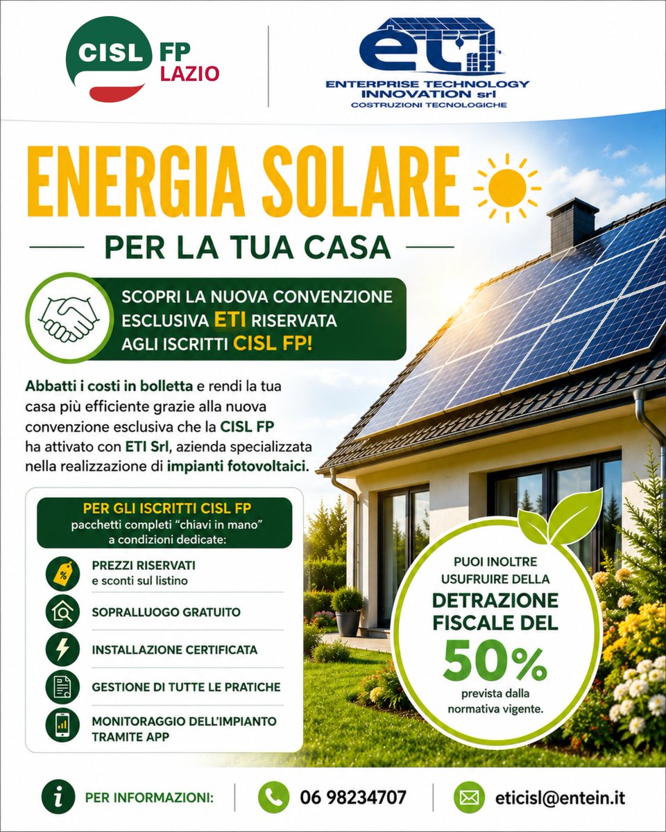 cisl_fplazio's tweet photo. ☀️ #EnergiaSolare per la tua casa? Scopri la nuova convenzione #ETI riservata agli iscritti @cisl_fplazio 👇
#ilmiolavorovale https://t.co/wFty5hhfaF