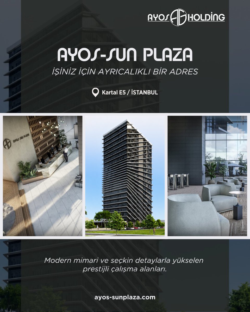 ayosholding's tweet photo. Ayos Sun Plaza, modern mimarisi, seçkin ortak kullanım alanları ve yüksek standartlarda tasarlanan ofisleriyle iş dünyasının beklentilerine yeni bir perspektif sunuyor. Kartal E5 üzerindeki stratejik konumuyla, işletmeler için güçlü bir çalışma ortamı oluşturuyor.

#AyosSunPlaza https://t.co/tvMDYyR0W1