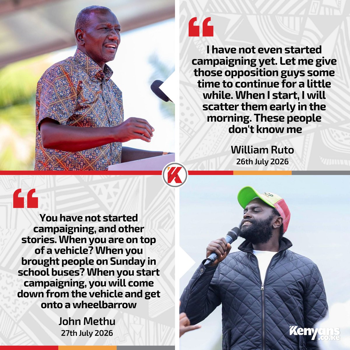 Kenyans's tweet photo. Ruto - I  have not started campaigning yet

Methu- You haven't started campaigning when you are on top of a vehicle? When you start campaigning, you will come down from the vehicle and get onto a wheelbarrow https://t.co/jlEx0Ypl5W
