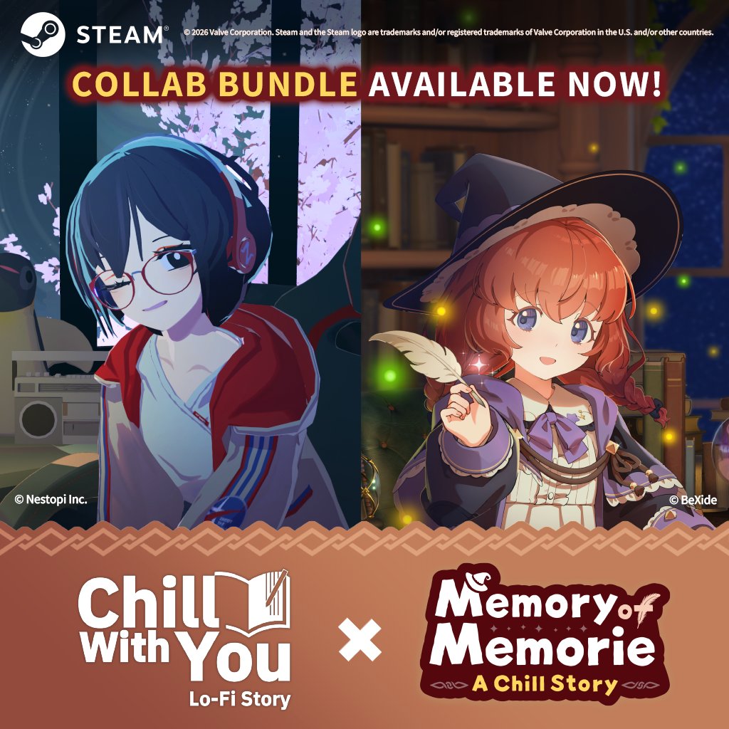 bexide's tweet photo. 🎵 Our music collaboration is now live! 🎵
Chill with You: Lo-Fi Story × Memory of Memorie ～A Chill Story～
The Steam Collaboration Bundle featuring both games is also available now!
Be sure to check it out ✨
🔗https://t.co/5MhBnvkBVM
#ChillWithYou #MemoryofMemorie https://t.co/CBOUamrUo3