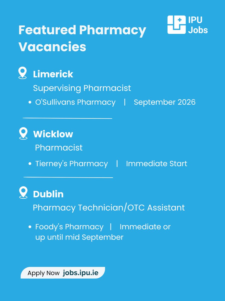 IrishPharmacy's tweet photo. 💊 Featured Pharmacy Vacancies Across Ireland

Looking for your next opportunity in community pharmacy? We currently have vacancies in Limerick, Wicklow, and Dublin for pharmacists and pharmacy support staff.

Explore these roles and more on IPU Jobs.

👉 Apply today at https://t.co/HURr9bRH6n
