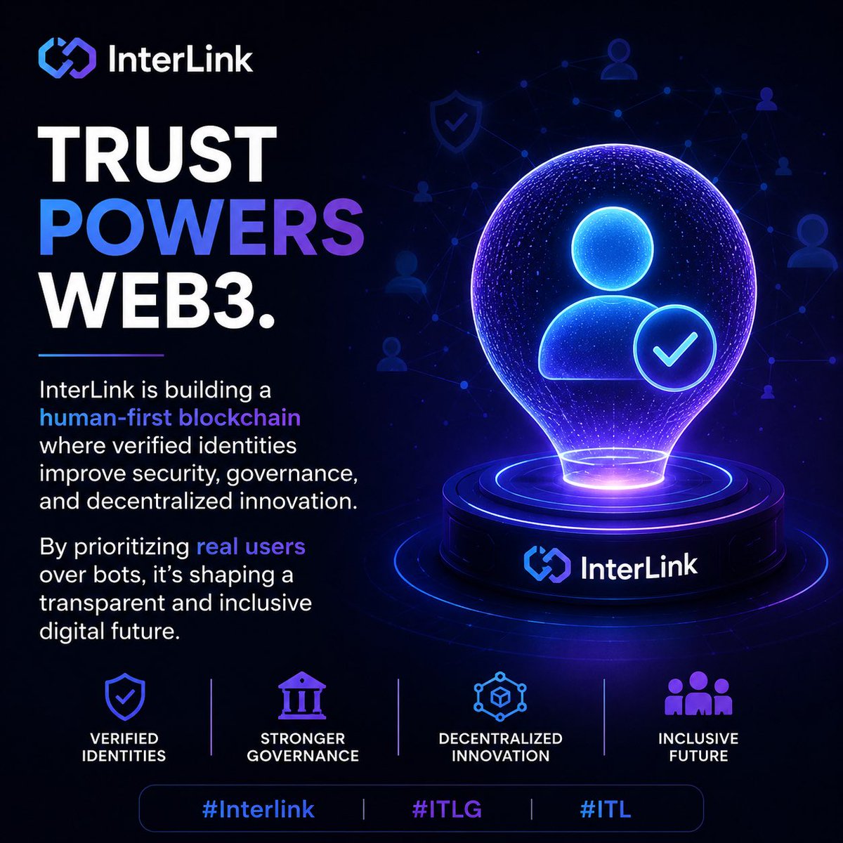 chriscent07's tweet photo. Trust powers Web3. @inter_link is building a human-first blockchain where verified identities improve security, governance, and decentralized innovation. By prioritizing real users over bots, it’s shaping a transparent and inclusive digital future.

#Interlink #ITLG #ITL https://t.co/EkGNGOCl5M