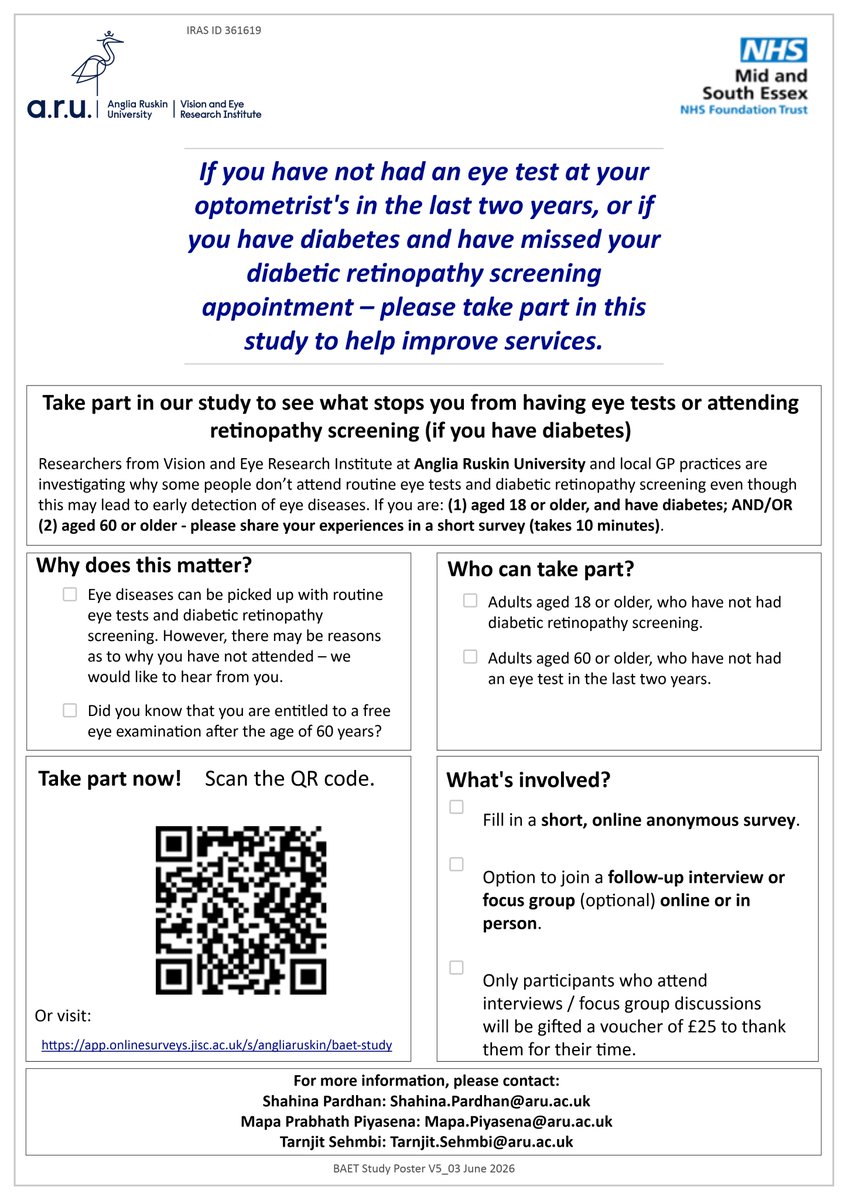 veri_aru's tweet photo. BARRIERS TO ACCESSING EYE TESTS IN THE UK       
Vision and Eye Research Institute (VERI) is investigating the barriers that people in the UK experience in accessing eye tests. 
Our study instrument is a short survey which you can fill out online https://t.co/wKJ6w13rD7 https://t.co/qsfQp08eth