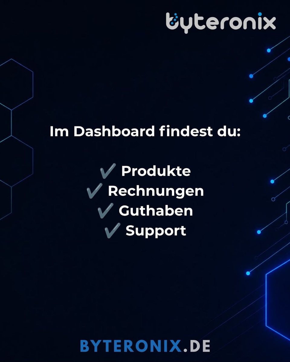 byteronix's tweet photo. Mit dem BYTERONIX-Dashboard hast du alles im Blick.

Verwalte deine Produkte, sieh Rechnungen ein oder kontaktiere den Support – alles über eine zentrale Oberfläche. So behältst du jederzeit den Überblick. 📊✅

#Dashboard#Hosting#Support#BYTERONIX#Kundenportal https://t.co/kgkSgRiMIw