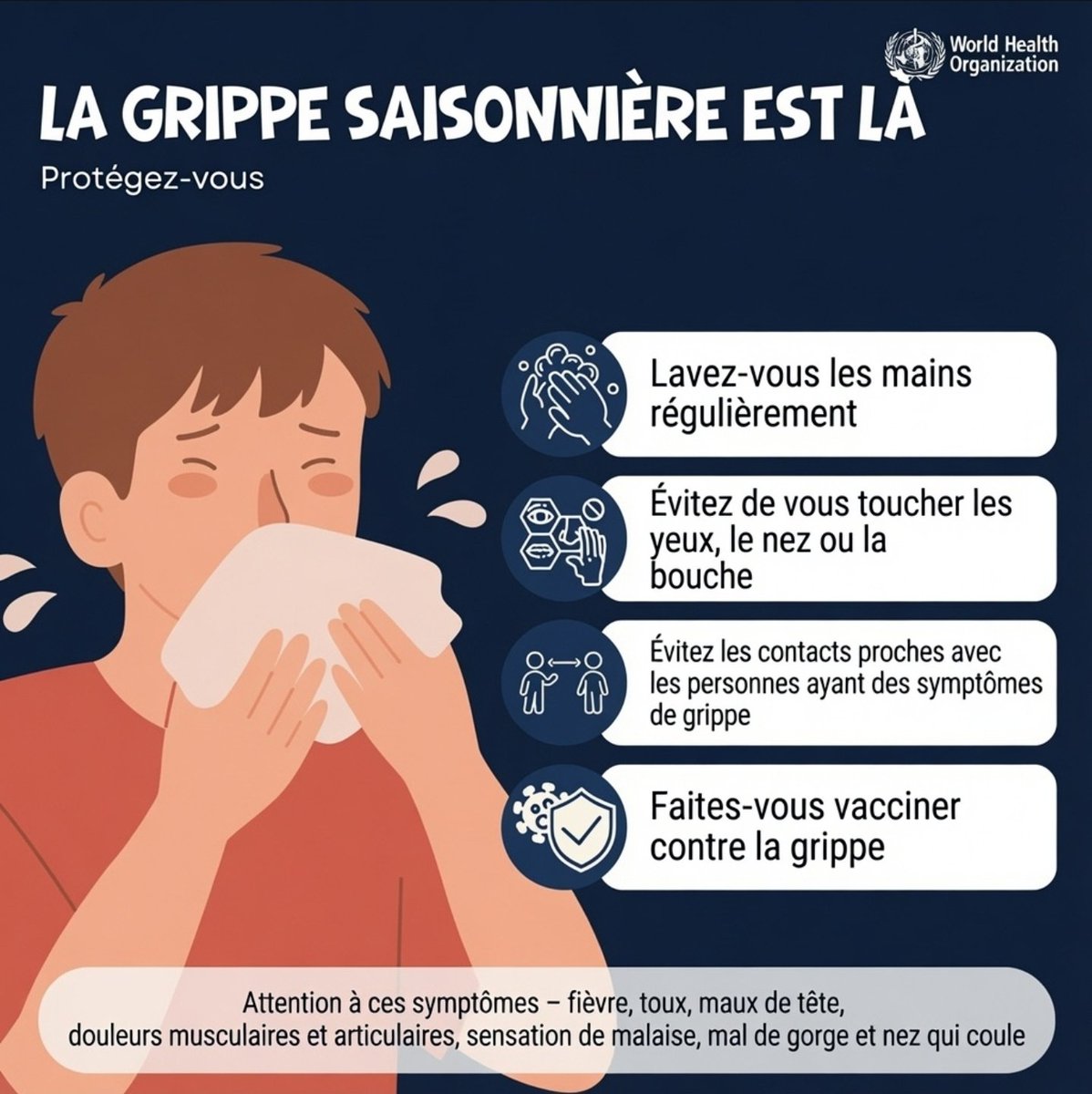 OMSRDCONGO's tweet photo. La #grippe saisonnière circule. Protégez‑vous.
🧼 Lavez vos mains régulièrement
🙅 Évitez de toucher votre visage
↔️ Gardez vos distances
💉 Vaccinez‑vous si possible
Restez informé(e), restez protégé(e), vous et vos proches. https://t.co/I0eHGIT84h