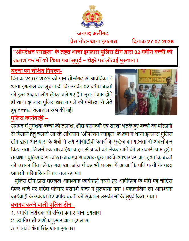 aligarhpolice's tweet photo. #AligarhPolice ।#Aligarh
''ऑपरेशन स्माइल'' के तहत थाना इगलास पुलिस टीम द्वारा 02 वर्षीय बच्ची को तलाश कर माँ को किया गया सुपुर्द ~ चेहरे पर लौटाई मुस्कान । https://t.co/XJoMgrdgII