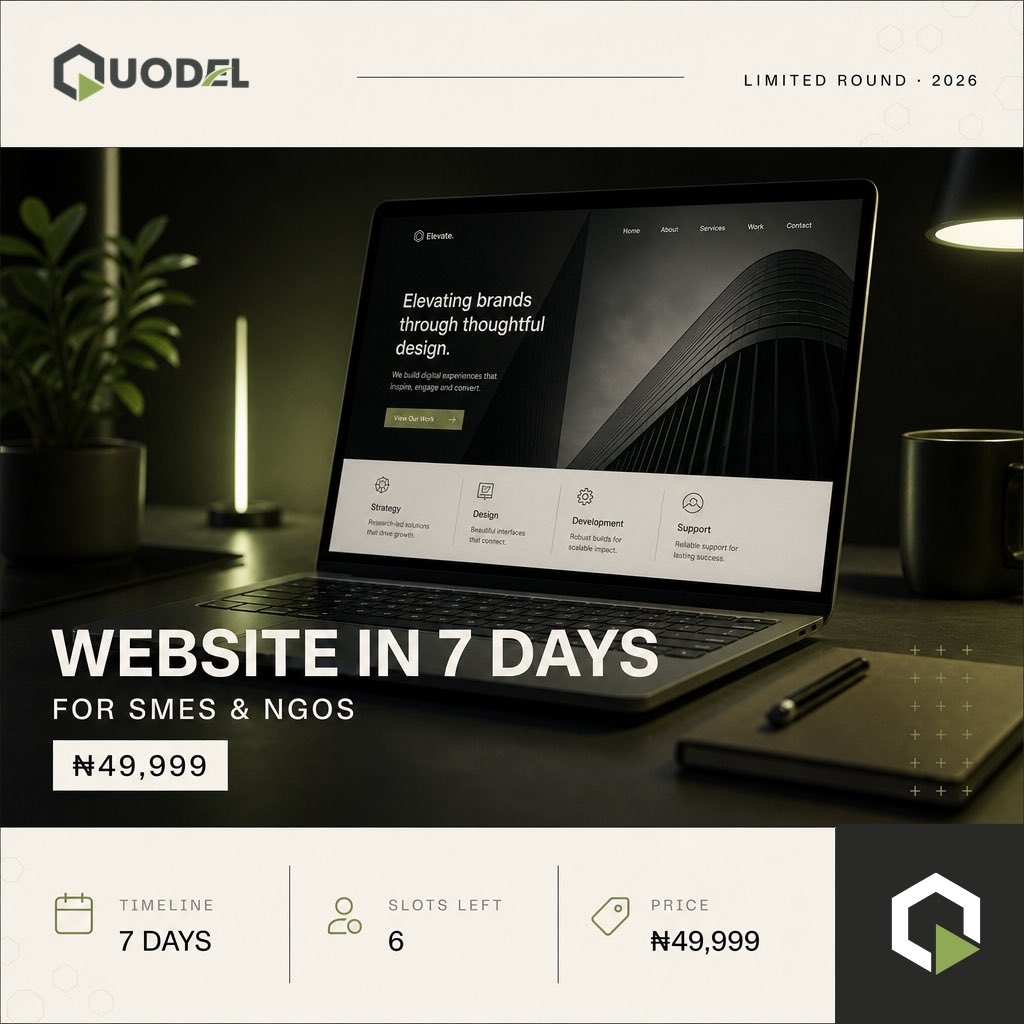 Quodel_'s tweet photo. Your business deserves more than just a social media page.

Get a professional website built in 7 days for just ₦49,999.

Perfect for SMEs &amp; NGOs looking to build credibility and grow online.

⏳ Only 6 slots left.

https://t.co/aidpWeRAf6

Click the link above to get started https://t.co/57SndGmExo