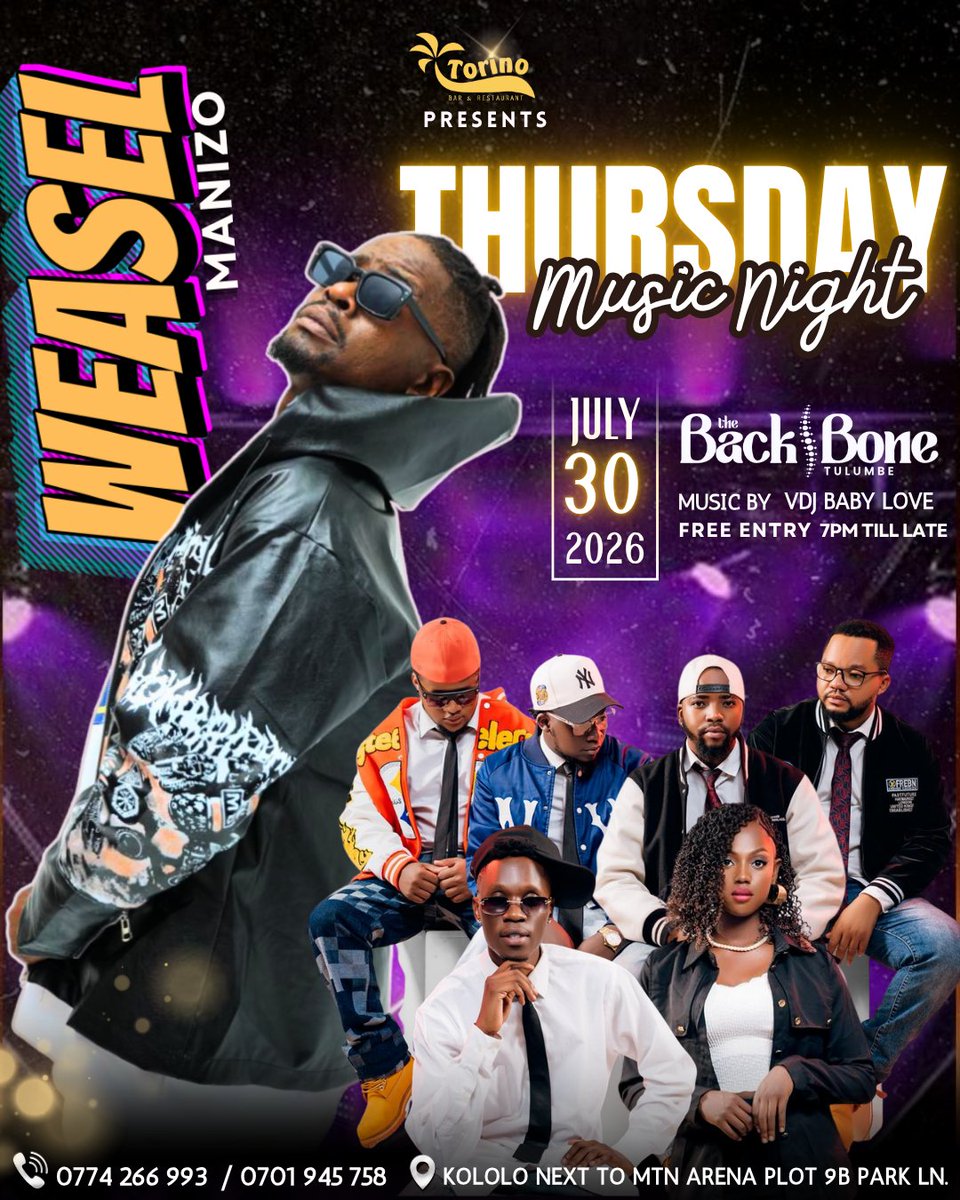 TorinoKampala's tweet photo. Thursday just got louder! Weasel Manizo is bringing the hits, the hype, and the kind of live performance that turns an ordinary night into an unforgettable one.
Don't miss the takeover!

#TorinoKampala #ThursdayLiveMusic
#Torinobandnights
@RadioandWeasel 
 @thebackboneband https://t.co/ouQeoLxRGQ