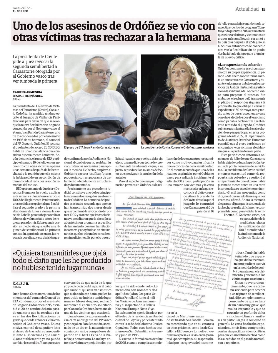 CovitePV's tweet photo. El etarra Juan Ramón Carasatorre participó el pasado 16 de julio en un encuentro con algunas víctimas de ETA🧵

Seis días después, el @Gob_eus volvió a concederle la semilibertad mediante la aplicación del artículo 100.2 del Reglamento Penitenciario.

Sin embargo, Carasatorre rechazó mantener un encuentro con @ConsuorF, hermana de Gregorio Ordóñez, una de las víctimas por cuyo asesinato fue condenado.

La secuencia es tan elocuente como inquietante: el encuentro supuestamente "restaurativo" es, en realidad, un premio para el asesino. Aparece convertido en un mérito inmediatamente recompensado.

No parece un proceso orientado a asumir responsabilidades y reparar el injusto daño causado a sus víctimas. Si fuese así, no se habría negado a encontrarse con una de sus víctimas directas.

Todo esto no es más que una FARSA para justificar una decisión que el Gobierno Vasco ya había tomado: devolverle la semilibertad.
