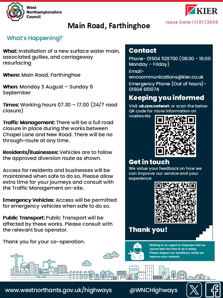 WNhighways's tweet photo. 🚧Road closure in Farthinghoe for water main and gullies, and resurfacing works 🚧
 
📍Main Road
🗓️ 3 August –  6 September  
🕐24/7 road closure, working hours 7.30 - 17.00 
🚗 Resident/emergency access only
 
 For more updates, please visit: https://t.co/bitvFhJmb1 https://t.co/e377hM079e