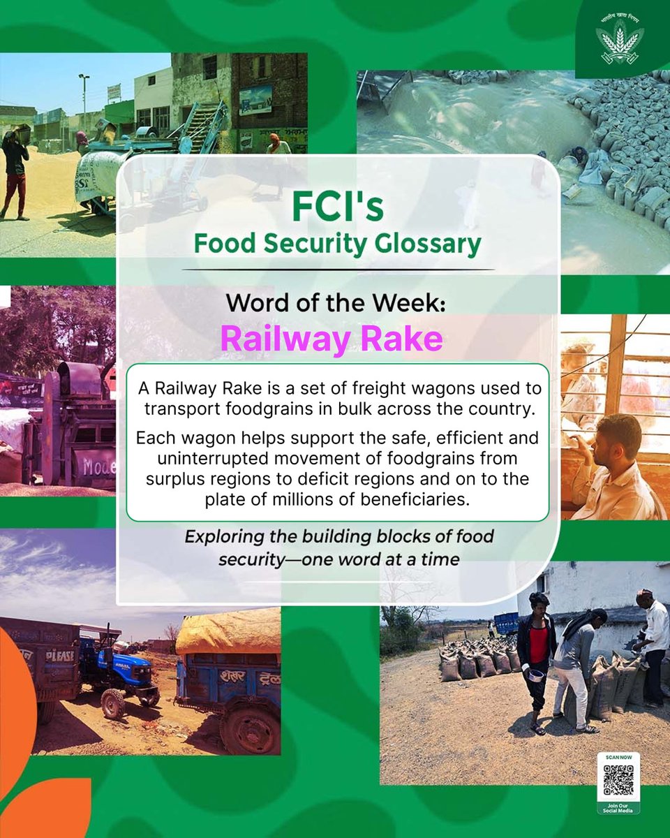 FCI_India's tweet photo. FCI A–Z | Word of the Week: Railway Rake

Railway rakes are the backbone of FCI's foodgrain movement operations, transporting more than 80% of the  foodgrains across the country. They facilitate the efficient movement of foodgrains from surplus regions to deficit regions, ensuring a seamless supply for the Public Distribution System (PDS) and strengthening India's food security.

@mygovindia @fooddeptgoi @PIB_India @JoshiPralhad
@Nimu_Bambhaniya @blvermaup
#RailwayRake #FCI #FoodSecurity #FoodgrainMovement #RailLogistics #RailTransport #SupplyChain #FoodSecurityGlossary