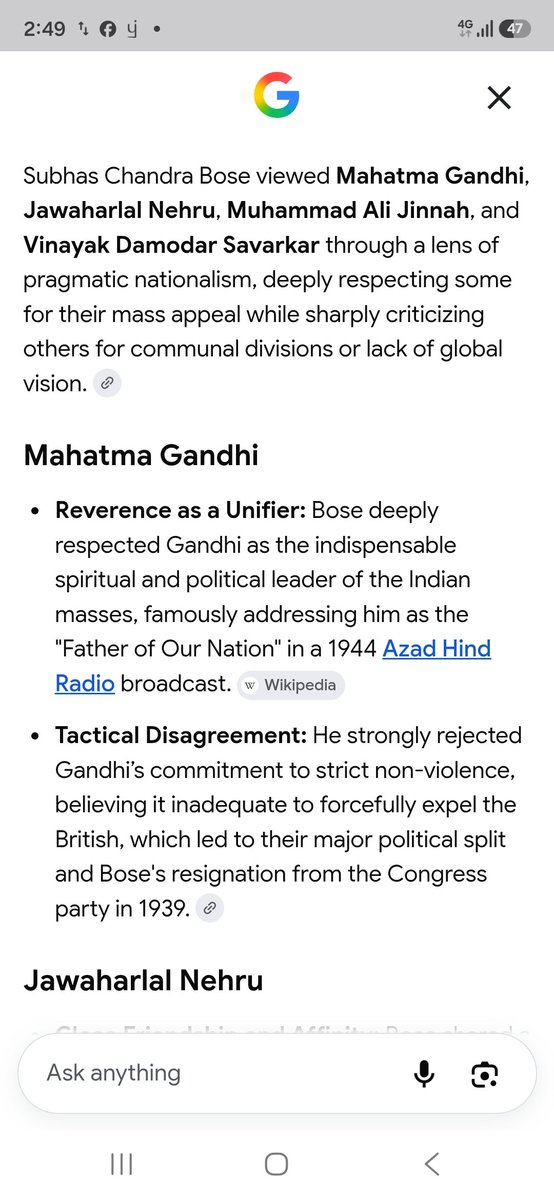 Tiyasha010's tweet photo. @maharaj_ishu @whattalawyer Bose Never Like The Savarkar And Jinnah Cause Both Want Religious Divition. Bose Only Not Like The Non Violence Protest Against British Cause British Never Gone By Peaceful Protest. Bose famously addressing Gandhi as the "Father of Our Nation" in a 1944 Azad Hind Radio broadcast. https://t.co/PPCKUKBdex
