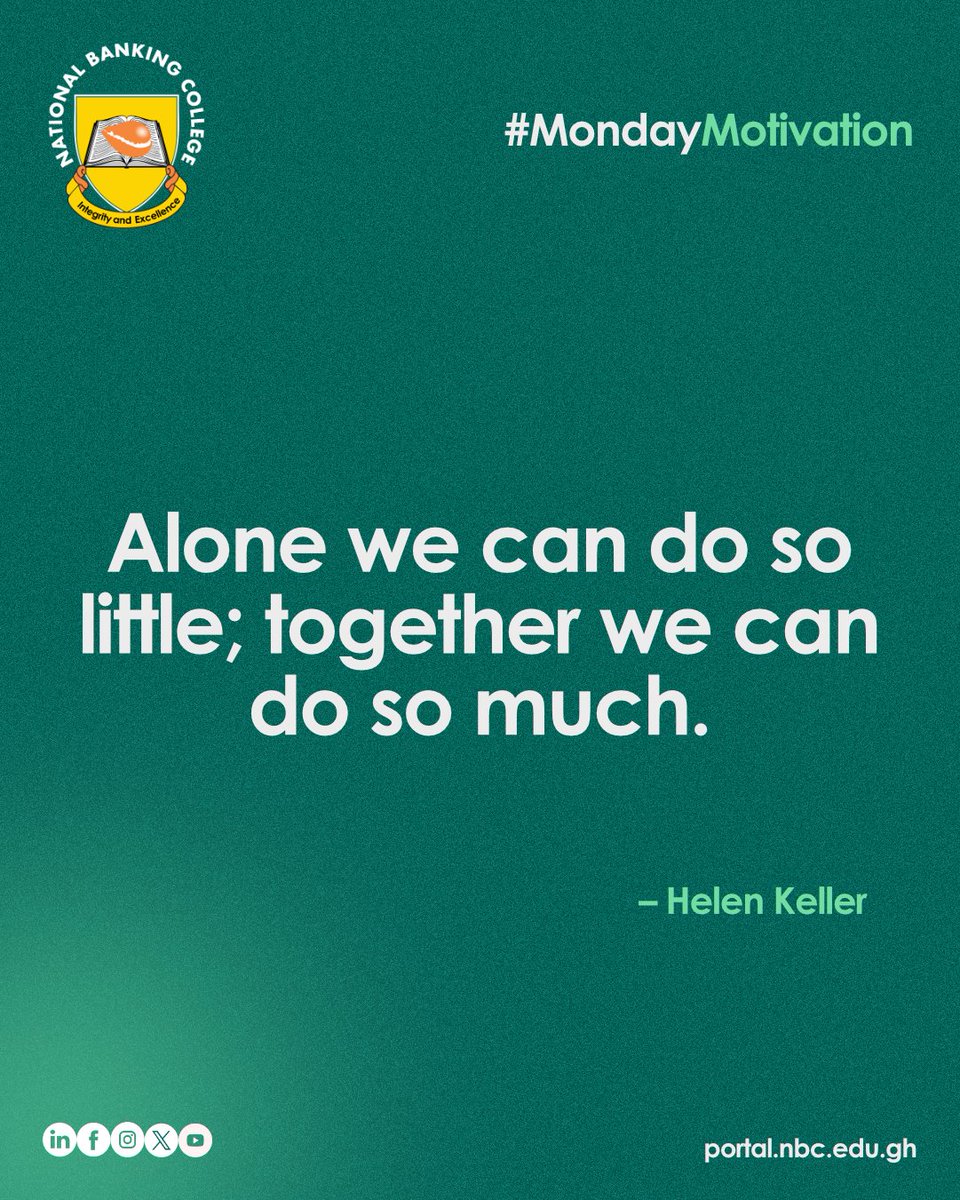 nbc_gh's tweet photo. Collaboration isn't merely a nice sentiment; it's how real progress gets made. The principle holds: what we build together outlasts what we could ever build alone.

Happy Monday to all the teams out there. Let's make it count together.
#MondayMotivation #NationalBankingCollege https://t.co/tV2U0RDDvi
