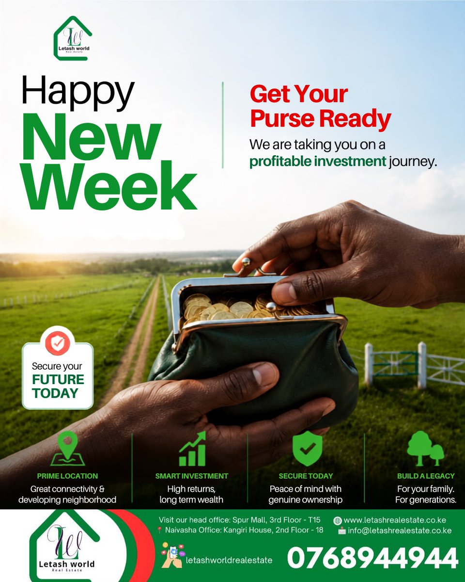 letashworld's tweet photo. This new week, make a move that builds lasting wealth. Invest in genuine land, enjoy peace of mind, and create a legacy for generations.
📞 0768 944 944
 #LandInvestment #RealEstateKenya #InvestInLand #SecureYourFuture #SmartInvestment #OwnLand #LetashWorldRealEstate https://t.co/sJb8LRTKd3