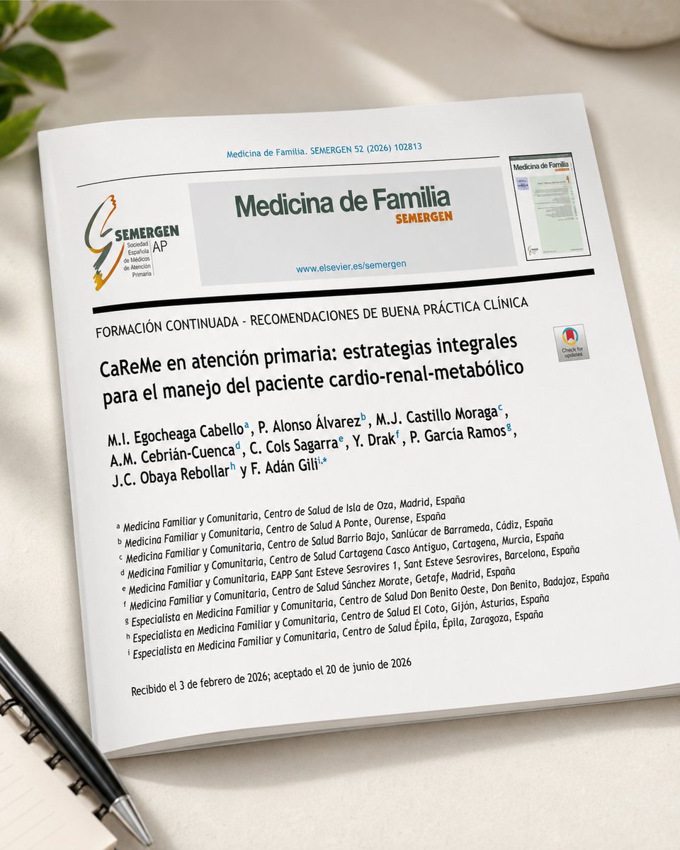 SEMERGENAndaluz's tweet photo. Nuestra vicepresidenta, la Dra. María José Castillo, participa como coautora del nuevo artículo «CaReMe en Atención Primaria», que pone en valor su papel esencial en la investigación y el abordaje del riesgo cardio-renal-metabólico.

#AtenciónPrimaria #CaReMe https://t.co/o6FW75ygkh