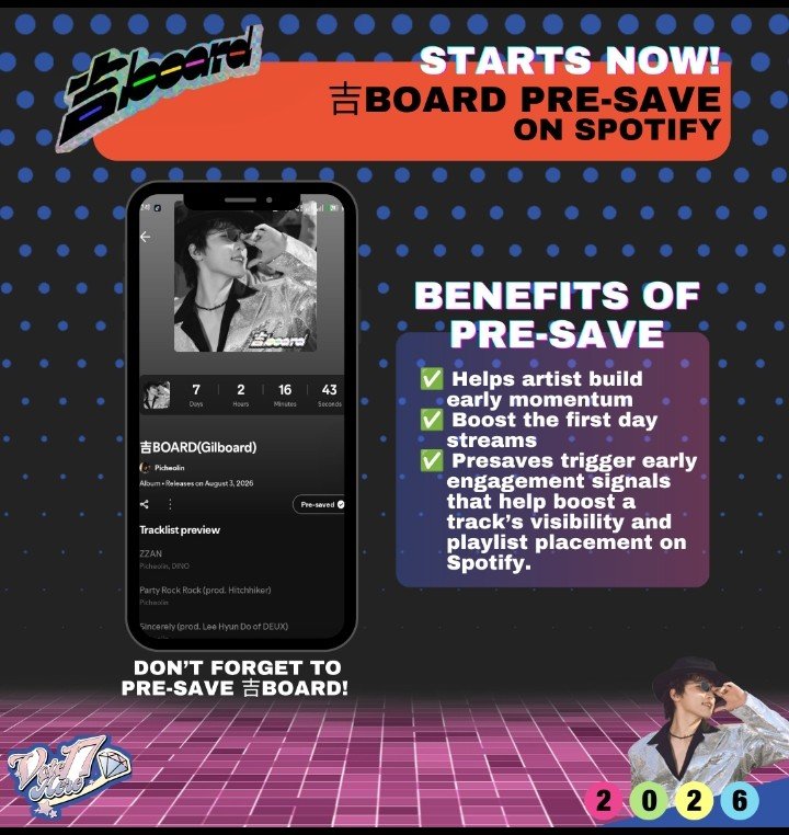 Vote17Here's tweet photo. [SPOTIFY PRESAVE] 

Hi Carats,

 Presave Picheolin’s 1st mini album 吉BOARD (Gilboard) 💎 on Spotify now!!

🔗 https://t.co/ww98A9uiAL

Presaving will help us boost early engagements and build up momentum for the artist.

Let's gear up our accounts and be ready to stream!!! 

#피철인 #Picheolin
#吉BOARD #길보드 #李灿 #디노 #DINO #세븐틴 #SEVENTEEN
