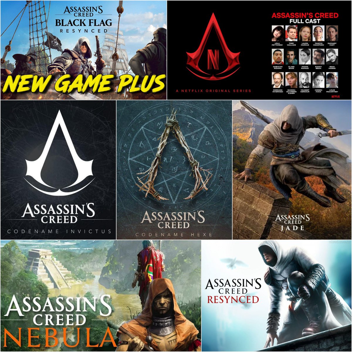 TheRealZephryss's tweet photo. Future of the Assassin’s Creed Franchise

🟢 Black Flag Resynced Post-Launch

🔸️ New Game+
🔸️ Nightmare Difficulty and more

🟢 AC Hexe

🔸️ Set during the witch trials in the Holy Roman Empire
🔸️ Could be released in 2027

🟢 AC Jade

🔸️ Set in 215 BCE during Qin Dynasty China
🔸️ For iOS and Android devices
🔸️ Still in development
🔸️ No official release date yet

🟢 AC Invictus

🔸️ A multiplayer game developed by the For Honor team
🔸️ No official release date yet

🟢 AC Netflix Series

🔸️ A live-action Assassin's Creed series for Netflix led by showrunners Roberto Patino and David Wiener
🔸️ Set in Rome in 64 AD
🔸️ Production began in March 2026 at Cinecittà Studios in Rome
🔸️ No official release date announced yet

🟢 AC Stardust

🔸️ Internal codename for a rumored upcoming remake
🔸️ Widely believed by insiders and fans to be a full reimagining of the original 2007 Assassin's Creed

🟢 AC Nebula

🔸️ Features three distinct settings: India, the Aztec Empire, and the Mediterranean
🔸️ Led by Ubisoft Sofia

🟢 A New RPG, Multiplayer Game, and Remake

🔸️ Also in development, but they don't have codenames or specific details yet