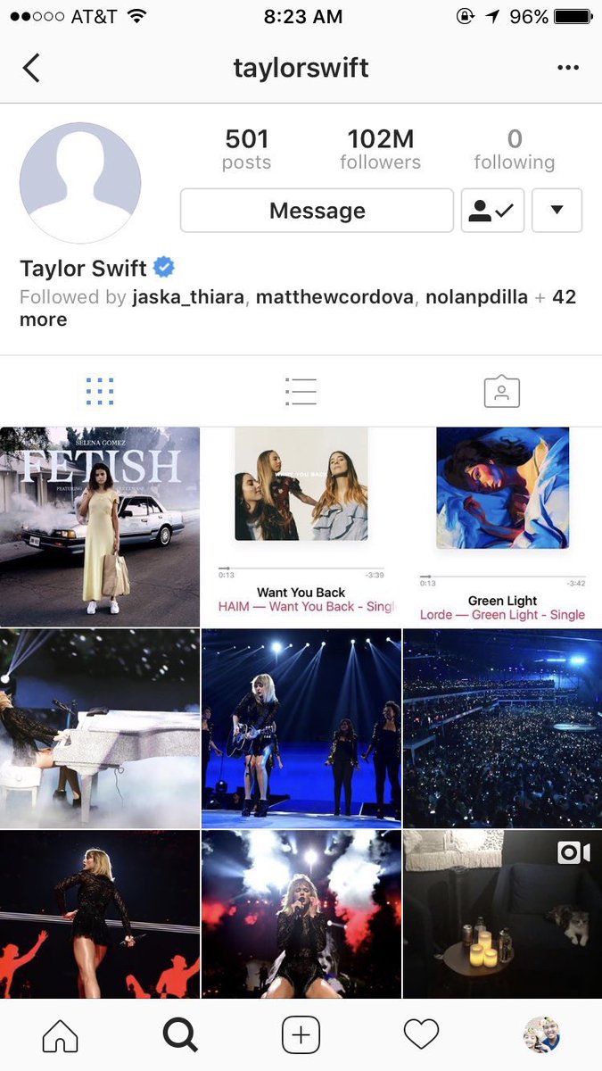 ponar15's tweet photo. Taylor Swift’s instagram page before she blacked out all of her social media accounts https://t.co/DxsrTGwD9g