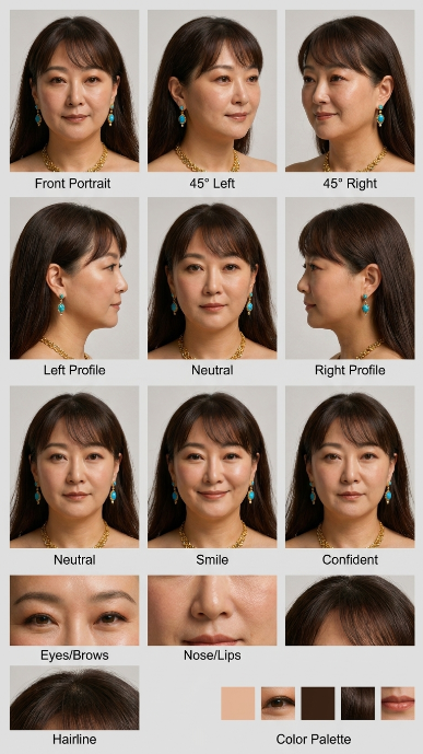 ipanda2046's tweet photo. FACE MASTER reference sheet prompt：
完整的提示词如下：

Use the uploaded photograph only as the primary identity reference for the adult woman’s facial appearance.

Create an official professional FACE MASTER reference sheet for a completely consistent original adult character.

IDENTITY PRIORITY:
Preserve the same recognizable identity across every view. Maintain the same facial structure, face width, cheek volume, jawline, chin shape, eye shape, eye spacing, eyelids, eyebrows, nose bridge, nose tip, nostril shape, lips, mouth width, skin tone, and perceived age. Do not simply copy the pose, clothing, background, camera distortion, or facial angle from the uploaded photograph. Reconstruct the character in a neutral reference-sheet environment.

CHARACTER:
An adult Japanese woman in her early twenties. Soft oval face with a gently tapered chin. Large dark brown almond-shaped eyes with natural double eyelids. Softly defined straight eyebrows. A small refined nose with a natural rounded tip. Medium-full lips with a subtle natural pink tone. Fair, warm-neutral Japanese skin tone. Natural facial proportions. Refined, approachable and realistic appearance. Do not make her resemble any celebrity, public figure, influencer, actress, idol, or other known person.

HAIR:
Keep the same dark brown hair color and soft fringe impression visible in the uploaded photograph. For reference clarity, show the hair down in a simple, natural style. Medium-long dark brown hair, subtle warm undertone, light natural shine. Soft airy bangs divided gently around the eyes. No decorative hair accessories.

MAKEUP:
Natural Japanese beauty makeup. Soft brown eyeliner, delicate lashes, subtle warm blush, natural pink-beige lips. The makeup must remain identical in every panel.

REFERENCE VIEWS:
1. Straight front facial portrait
2. 45-degree view facing left
3. 45-degree view facing right
4. Exact left-side profile
5. Exact right-side profile
6. Neutral expression, front view
7. Gentle closed-lip smile, front view
8. Calm confident expression, front view
9. Close-up detail of both eyes and eyebrows
10. Close-up detail of the nose and lips
11. Hairline, bangs and hair texture detail
12. Small color palette showing skin, eyes, eyebrows, hair and lips

CONSISTENCY RULES:
Every panel must depict the exact same person. Do not redesign, beautify, idealize, age, de-age, or change ethnicity between views. Do not vary the eye size, nose shape, lip volume, face length, jawline, hairstyle, hair color, makeup, or skin tone. Left-facing and right-facing views must be anatomically correct and must not be duplicated or mirrored incorrectly.

CAMERA AND LIGHTING:
Equivalent to an 85mm portrait lens. Eye-level camera. Minimal perspective distortion. Uniform soft frontal studio lighting. Neutral color temperature. Very faint and even shadows. No dramatic lighting. No shallow focus that obscures facial details.

RENDERING: High-resolution realistic photography. Natural skin texture with faint pores and fine facial hair visible. No plastic skin. No excessive skin smoothing. No anime, illustration, CGI, doll-like rendering or beauty-filter appearance.

LAYOUT: Clean professional character reference sheet. White or very light neutral gray background. Clear spacing between panels. Simple small English labels beneath each view. No decorative graphics. No unrelated text. Portrait-oriented 3:4 composition.