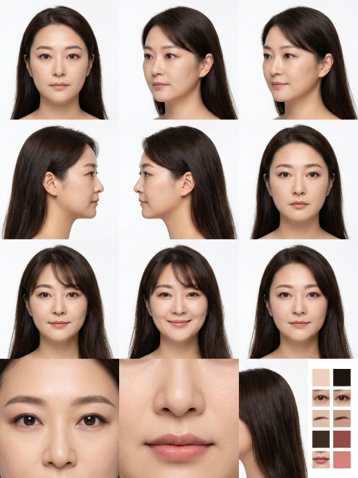 ipanda2046's tweet photo. FACE MASTER reference sheet prompt：
完整的提示词如下：

Use the uploaded photograph only as the primary identity reference for the adult woman’s facial appearance.

Create an official professional FACE MASTER reference sheet for a completely consistent original adult character.

IDENTITY PRIORITY:
Preserve the same recognizable identity across every view. Maintain the same facial structure, face width, cheek volume, jawline, chin shape, eye shape, eye spacing, eyelids, eyebrows, nose bridge, nose tip, nostril shape, lips, mouth width, skin tone, and perceived age. Do not simply copy the pose, clothing, background, camera distortion, or facial angle from the uploaded photograph. Reconstruct the character in a neutral reference-sheet environment.

CHARACTER:
An adult Japanese woman in her early twenties. Soft oval face with a gently tapered chin. Large dark brown almond-shaped eyes with natural double eyelids. Softly defined straight eyebrows. A small refined nose with a natural rounded tip. Medium-full lips with a subtle natural pink tone. Fair, warm-neutral Japanese skin tone. Natural facial proportions. Refined, approachable and realistic appearance. Do not make her resemble any celebrity, public figure, influencer, actress, idol, or other known person.

HAIR:
Keep the same dark brown hair color and soft fringe impression visible in the uploaded photograph. For reference clarity, show the hair down in a simple, natural style. Medium-long dark brown hair, subtle warm undertone, light natural shine. Soft airy bangs divided gently around the eyes. No decorative hair accessories.

MAKEUP:
Natural Japanese beauty makeup. Soft brown eyeliner, delicate lashes, subtle warm blush, natural pink-beige lips. The makeup must remain identical in every panel.

REFERENCE VIEWS:
1. Straight front facial portrait
2. 45-degree view facing left
3. 45-degree view facing right
4. Exact left-side profile
5. Exact right-side profile
6. Neutral expression, front view
7. Gentle closed-lip smile, front view
8. Calm confident expression, front view
9. Close-up detail of both eyes and eyebrows
10. Close-up detail of the nose and lips
11. Hairline, bangs and hair texture detail
12. Small color palette showing skin, eyes, eyebrows, hair and lips

CONSISTENCY RULES:
Every panel must depict the exact same person. Do not redesign, beautify, idealize, age, de-age, or change ethnicity between views. Do not vary the eye size, nose shape, lip volume, face length, jawline, hairstyle, hair color, makeup, or skin tone. Left-facing and right-facing views must be anatomically correct and must not be duplicated or mirrored incorrectly.

CAMERA AND LIGHTING:
Equivalent to an 85mm portrait lens. Eye-level camera. Minimal perspective distortion. Uniform soft frontal studio lighting. Neutral color temperature. Very faint and even shadows. No dramatic lighting. No shallow focus that obscures facial details.

RENDERING: High-resolution realistic photography. Natural skin texture with faint pores and fine facial hair visible. No plastic skin. No excessive skin smoothing. No anime, illustration, CGI, doll-like rendering or beauty-filter appearance.

LAYOUT: Clean professional character reference sheet. White or very light neutral gray background. Clear spacing between panels. Simple small English labels beneath each view. No decorative graphics. No unrelated text. Portrait-oriented 3:4 composition.