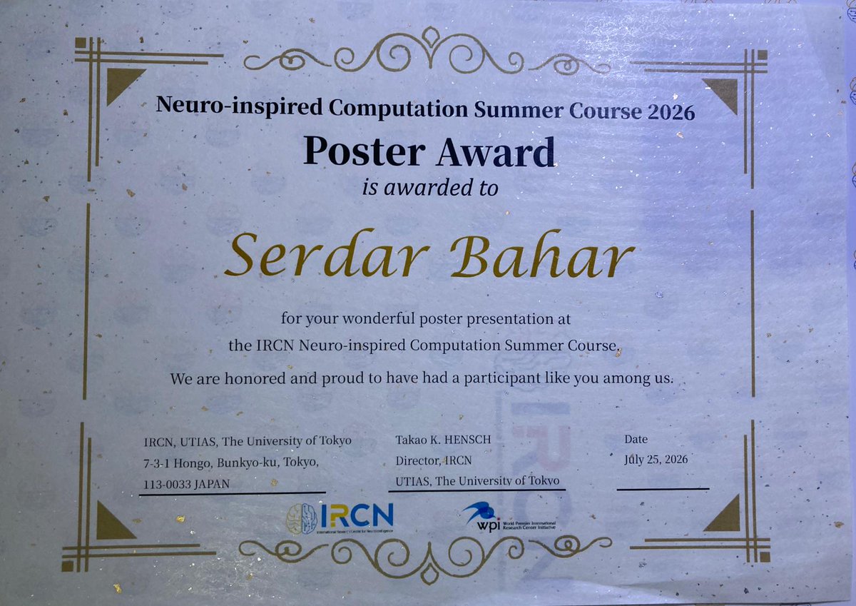 emreugur__'s tweet photo. 📢 @Bogazici_CmpE mezunumuz, @colors_lab_boun üyemiz @_serdar_bahar Tokyo Üniversitesi'nin düzenlediği @IRCN_UTokyo Neuro-inspired Computation Yaz Okulunda “Task Parameter Extrapolation via Learning Inverse Tasks from Forward Demonstrations” çalışması ile poster ödülünü aldı🎉 https://t.co/WH762uhX16