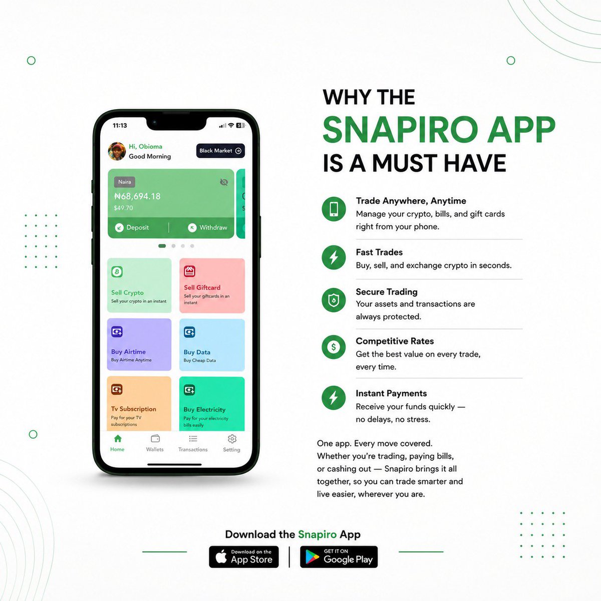 getsnapiro's tweet photo. New week, same easy money moves. Sell crypto and gift cards to Naira in seconds, pay bills, buy airtime and data, all from one app.

Why the Snapiro app is a must-have:
📱 Trade anywhere, anytime, straight from your phone
⚡ Sell crypto and gift cards to Naira in seconds
🛡️ Secure trading, your assets always protected
💰 Competitive rates on every single trade
💸 Instant payments, no delays, no stress

One app. Every move covered. Whether you're trading, paying bills, or cashing out, Snapiro brings it all together so you can trade smarter and live easier.

📲 Download now on the App Store or Google Play