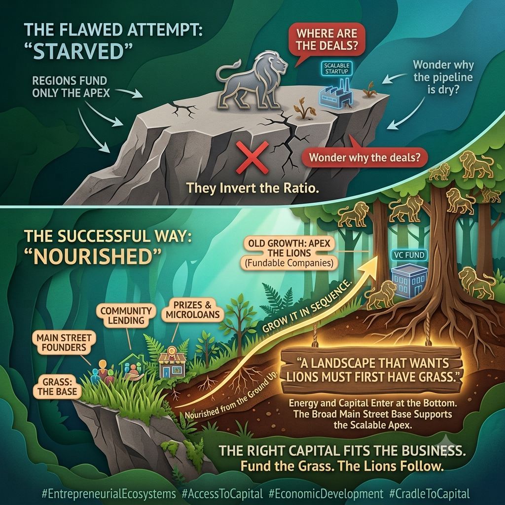 YourEPICMission's tweet photo. A landscape that wants lions must first have grass.

Energy enters a living system at the bottom — and capital is no different. 

Fund the grass. The lions follow. The right capital is always the capital that fits the business.

#EntrepreneurialEcosystems #CradleToCapital https://t.co/ZzjNNsvos0