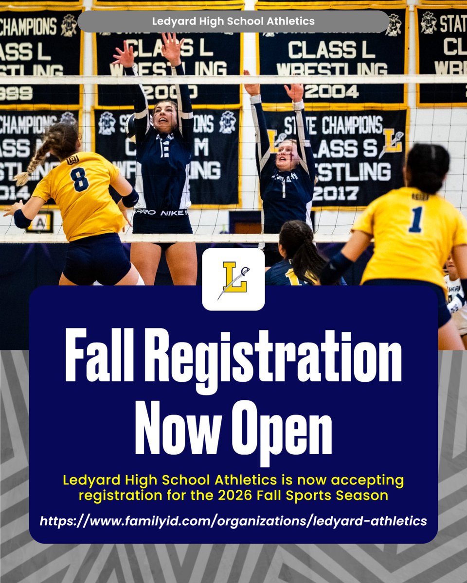 ledyardsports's tweet photo. Fall Sports Registration is now open. Please check your emails for all pertinent information regarding the registration process, Fall Sports Night date and time and the start of our fall sports season #LHScolonelpride https://t.co/uMCm65bel1