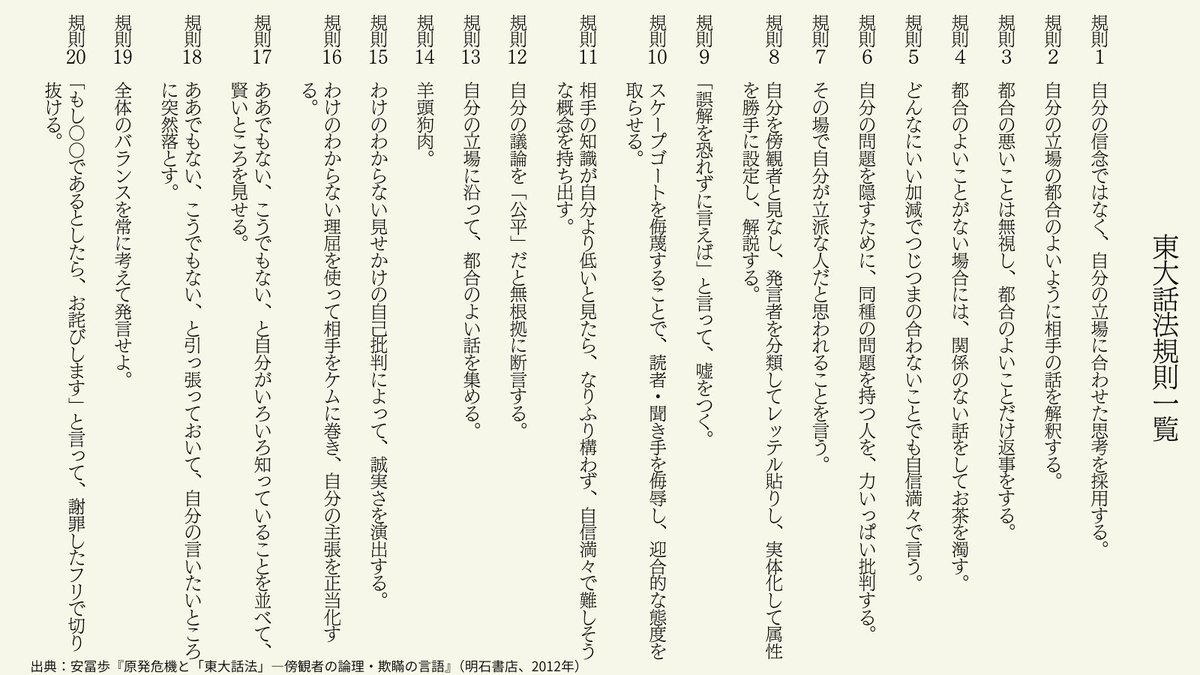 Kinoko0427's tweet photo. 東大話法（©︎安冨歩）を見抜くための超初級問題。
いくつ当てはまるかな？ https://t.co/Vk7yDCTueo