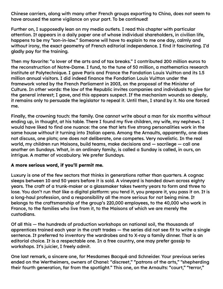 compound248's tweet photo. Tremendous response by LVMH’s Bernard Arnault, following Le Monde’s six-part serial on him and the supposed intrigue of his family. 

You’ll enjoy reading it.

(I’ve included the English translation of Arnault’s 3-page letter) https://t.co/eacDQ0cb32