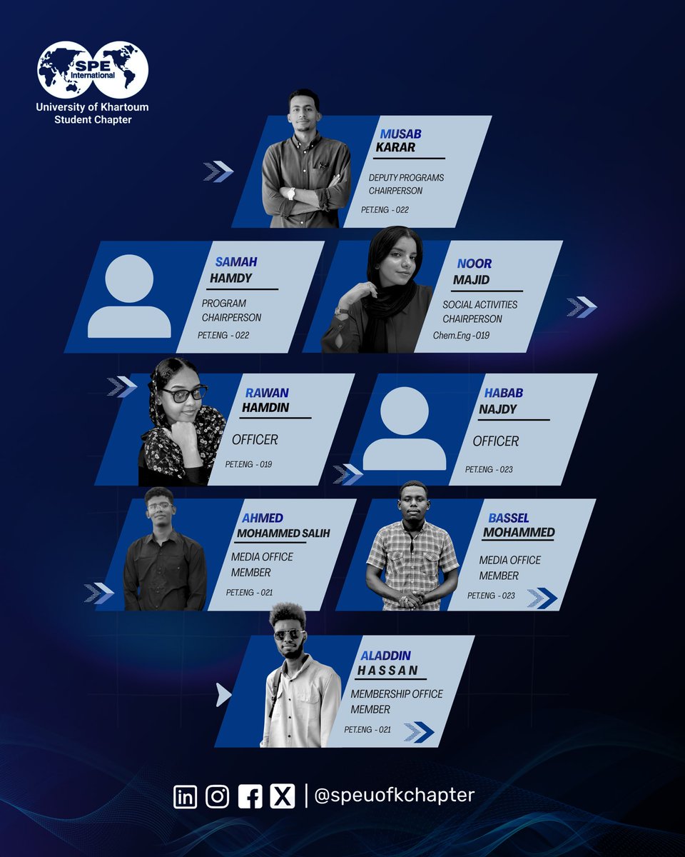 SPEUofKChapter's tweet photo. ✨Presenting the SPE UofK Student Chapter Board of Directors 2026–2027 ✨

Inspired by excellence and driven by purpose, the SPE UofK Student Chapter stands out as a key driver of change and innovation within the University of Khartoum community. https://t.co/hVIaiDKve1