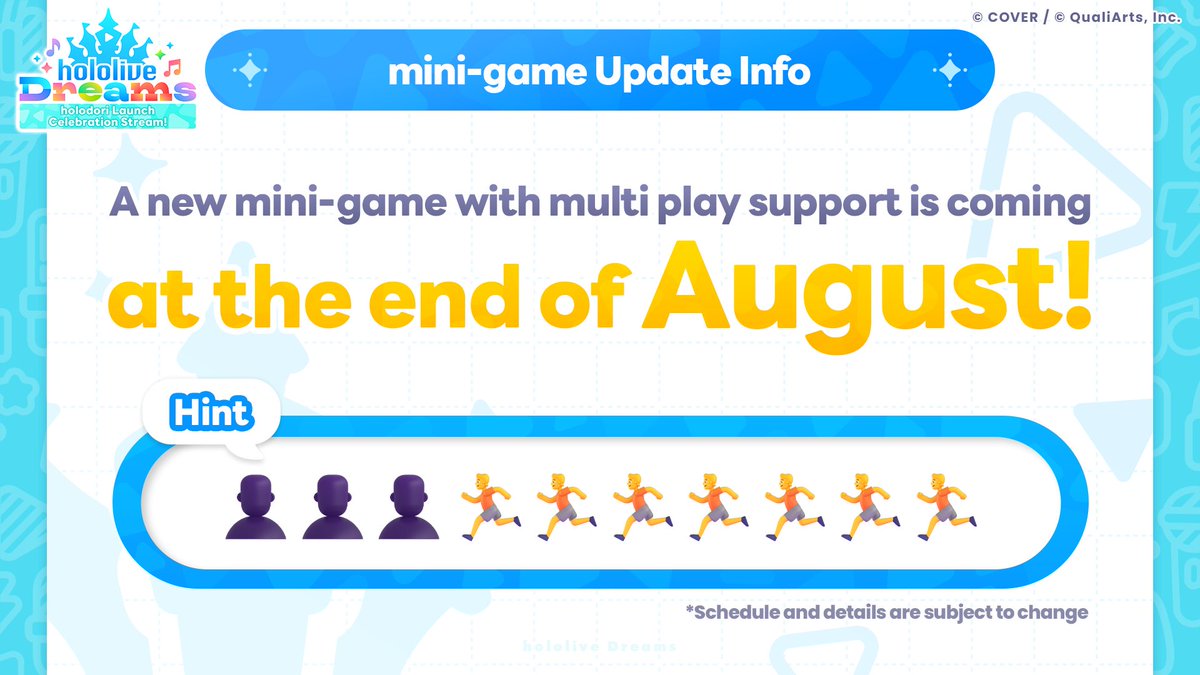 holo_dreams_en's tweet photo. /／
🏰🎶 New Updates Coming!
Introducing the Mini-game Update!
\＼

A brand-new Multiplayer Mini-game Update is planned for late August!🙌

More new Mini-games are planned for future updates as well!🎮✨

*The schedule and contents are subject to change.

#holodori https://t.co/vwNfr1Fqen